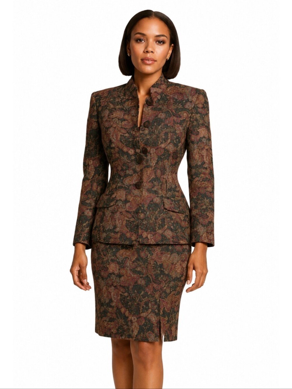 Cojana Vintage Paisley Skirt & Belted Blazer Two-Piece Suit Set